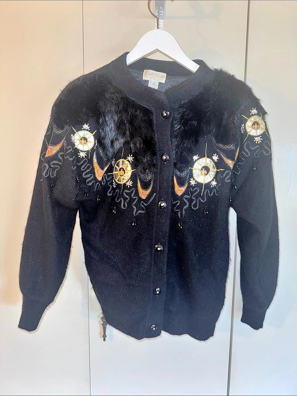 Vintage Rabbit Fur & Gold Embellished Angora/Lambswool Black Cardigan Jacket